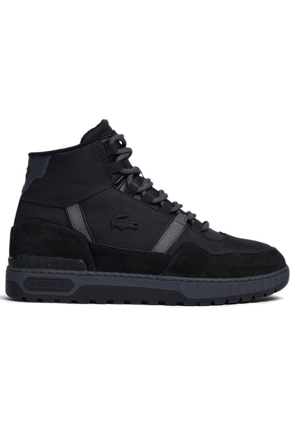 Buty Lacoste T-Clip Winter Mid Textile and Leather Trainers 744SMA0065-237 - czarne. Zapięcie: sznurówki. Kolor: czarny. Materiał: materiał, skóra, guma. Szerokość cholewki: normalna. Sezon: zima. Sport: bieganie