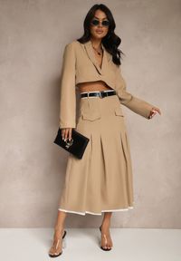 Renee - Beżowa Spódnica High Waist z Plisami Wykończona Imitacją Kieszeni i Paskiem Evilenes. Okazja: na spotkanie biznesowe, do pracy. Stan: podwyższony. Kolor: beżowy. Styl: biznesowy, elegancki #3
