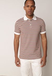 Born2be - Brązowa Bawełniana Koszulka Polo w Paski w Stylu Casual Elunilla. Okazja: na co dzień. Typ kołnierza: polo. Kolor: brązowy. Materiał: bawełna. Wzór: paski. Styl: casual #4