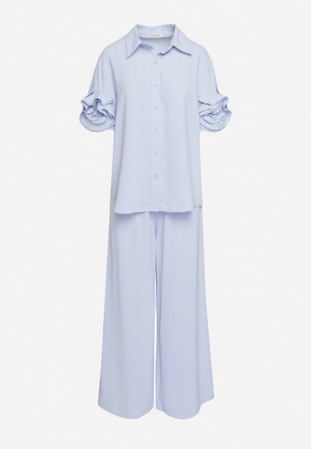 Born2be - Niebieski Komplet Koszula z Ozdobnymi Rękawami i Szerokie Spodnie Rivasene. Kolor: niebieski. Wzór: aplikacja