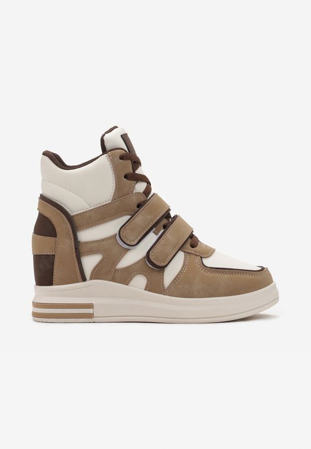 Renee - Ciemnobeżowe Sneakersy na Ukrytym Koturnie Zapięcie na Rzep Dodatkowo Sznurowane z Ozdobnymi Wstawkami z Ekozamszu Tisgnet. Zapięcie: rzepy. Kolor: beżowy. Szerokość cholewki: normalna. Obcas: na koturnie