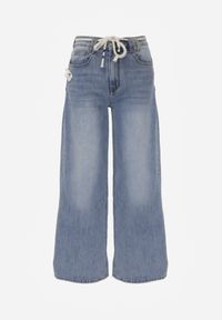 Born2be - Niebieskie Jeansy z Bawełną o Szerokim Kroju z Wysokim Stanem i Sznurkowym Paskiem Ianaia. Okazja: na co dzień. Stan: podwyższony. Kolor: niebieski. Styl: casual, klasyczny #3