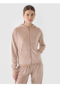 4f - 4F Bluza dresowa z weluru rozpinana z kapturem damska - beżowa XS. Okazja: na co dzień. Typ kołnierza: kaptur. Kolor: beżowy. Materiał: dresówka, welur. Wzór: gładki, jednolity, ze splotem. Styl: sportowy, casual
