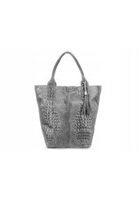 Vera pelle - Shopper bag jasny szary skórzany croco L94. Kolor: szary. Wzór: aplikacja. Dodatki: z breloczkiem, z frędzlami. Materiał: skórzane. Styl: casual #1