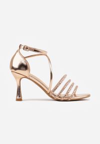 Renee - Szampańskie Eleganckie Sandały VICES na Klepsydrowym Obcasie z Ozdobnymi Cyrkoniami Solenne. Zapięcie: pasek. Kolor: złoty. Materiał: satyna. Obcas: na obcasie. Styl: elegancki. Wysokość obcasa: średni #3