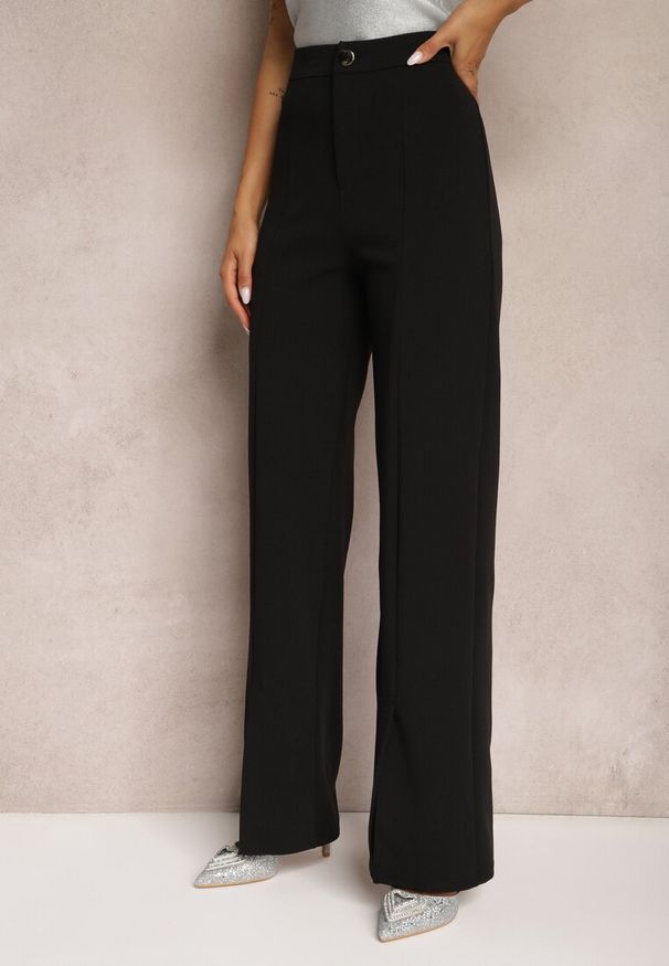 Renee - Czarne Eleganckie Spodnie High Waist o Szerokim Kroju z Wiskozą i Rozcięciami Yurlea. Okazja: na spotkanie biznesowe, do pracy. Stan: podwyższony. Kolor: czarny. Materiał: wiskoza. Styl: elegancki