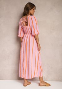 Renee - Różowo-Pomarańczowa Bawełniana Sukienka w Paski o Rozkloszowanym Kroju Legelia. Kolor: różowy. Materiał: bawełna. Wzór: paski. Typ sukienki: rozkloszowane #3