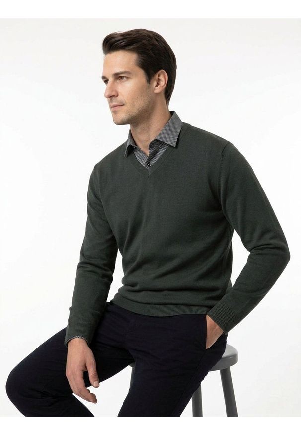 Męski, Bawełniany Sweter w Serek (V-neck) - Adriano Guinari - Ciemna Zieleń. Okazja: na co dzień, na spotkanie biznesowe, do pracy. Typ kołnierza: dekolt w serek. Materiał: bawełna. Styl: casual, biznesowy, elegancki, klasyczny