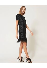 TwinSet - TWINSET - Czarna cekinowa sukienka z piórami. Kolor: czarny. Wzór: aplikacja. Styl: elegancki, glamour. Długość: mini #4