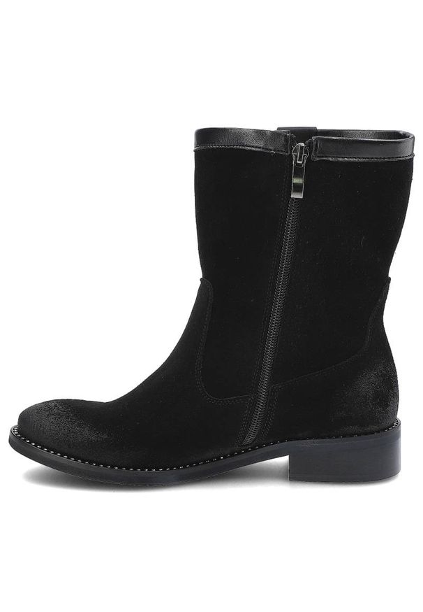 Czarne Botki Dwunasty Shoes Damskie Stylowe Buty. Okazja: na co dzień. Kolor: czarny. Materiał: zamsz, skóra. Szerokość cholewki: normalna. Obcas: na obcasie. Styl: elegancki. Wysokość obcasa: niski