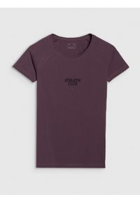 4f - 4F T-shirt slim z nadrukiem damski - fioletowy L. Okazja: na co dzień. Kolor: fioletowy. Materiał: bawełna, jersey, materiał, elastan. Długość rękawa: raglanowy rękaw. Wzór: nadruk. Styl: sportowy, klasyczny, casual