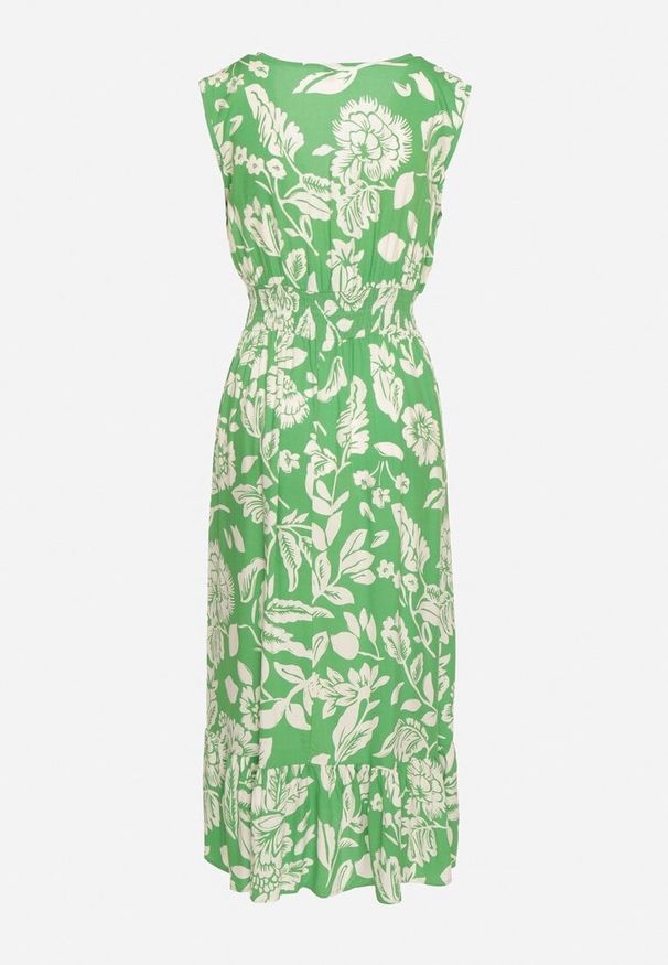 Born2be - Zielona Rozkloszowana Sukienka z Wiskozy w Kwiaty z Gumką w Talii Eranea. Kolor: zielony. Materiał: wiskoza. Wzór: kwiaty. Styl: elegancki