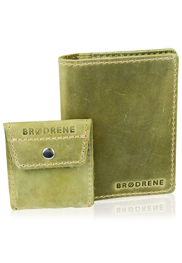 Skórzany zestaw portfel i bilonówka BRODRENE SW07 + CW02 zielony. Kolor: zielony. Materiał: skóra