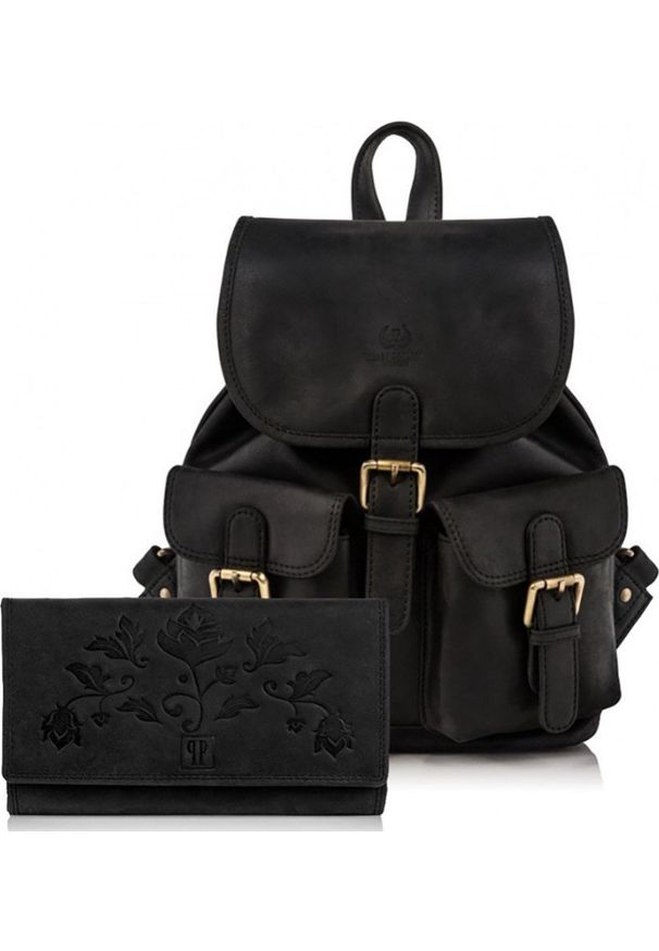 Paolo Peruzzi Zestaw damski skórzany PAOLO PERUZZI ZZ-06 czarny plecak i portfel. Kolor: czarny. Materiał: skóra