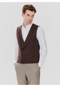 Pako Lorente - PAKO LORENTE – Brązowa dwurzędowa kamizelka męska. Kolor: brązowy. Materiał: poliamid, bawełna, elastan, len, wełna. Wzór: jodełka #1