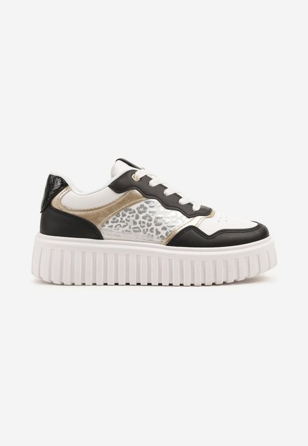 Renee - Biało-Czarne Sneakersy na Platformie z Tłoczeniem Ozdobione Panterką i Perforacją Udivaya. Okazja: na co dzień. Nosek buta: okrągły. Zapięcie: sznurówki. Kolor: biały. Materiał: jeans. Wzór: aplikacja, motyw zwierzęcy. Sezon: lato, wiosna. Obcas: na platformie