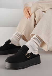 Renee - Czarne Śniegowce na Grubej Podeszwie z Niską Cholewką i Ozdobną Klamerką Vetibela. Wysokość cholewki: przed kostkę. Nosek buta: okrągły. Kolor: czarny. Materiał: zamsz, futro. Szerokość cholewki: normalna. Sezon: zima. Obcas: na koturnie. Wysokość obcasa: średni #5