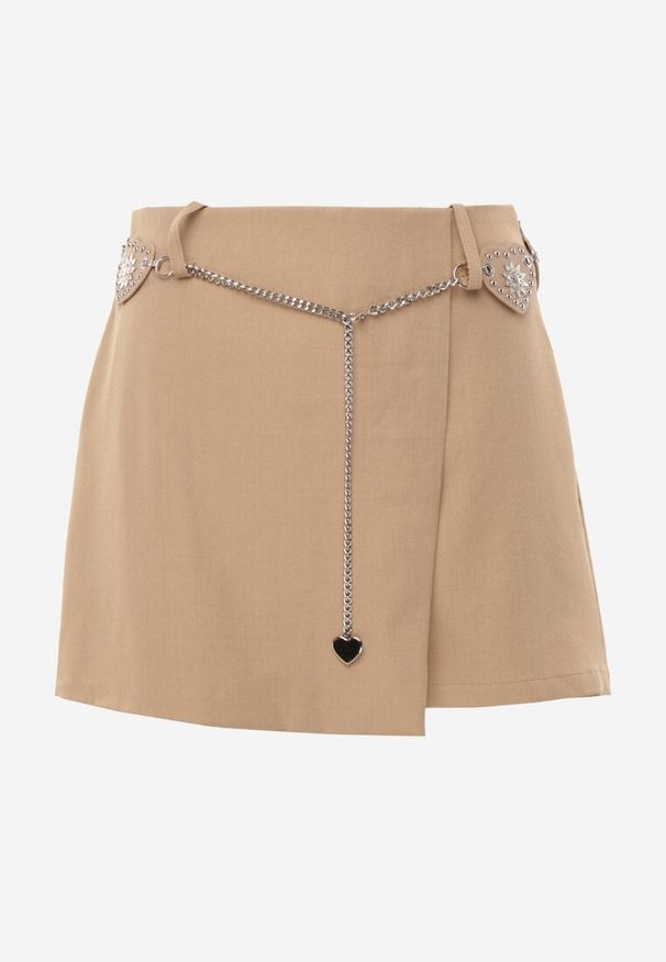 Renee - Beżowe Spódnico-Szorty z Metalicznymi Sercami przy Łańcuszku Meztila. Kolor: beżowy. Wzór: aplikacja