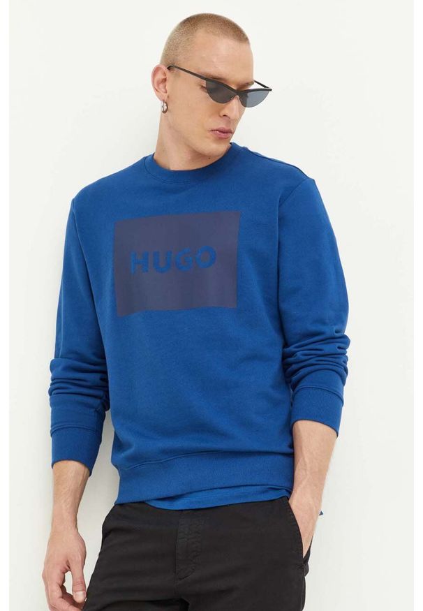 Hugo - HUGO bluza bawełniana męska kolor niebieski z nadrukiem. Kolor: niebieski. Materiał: bawełna. Wzór: nadruk