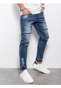 Ombre Clothing - Spodnie męskie marmurkowe JOGGERY z ozdobnymi przeszyciami - niebieskie V3 OM-PADJ-0111 - XXL. Kolor: niebieski. Materiał: jeans, elastan, bawełna
