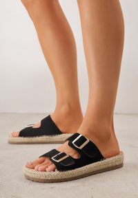 Renee - Czarne Klapki z Regulowanymi Paskami i Plecionką Jutową na Podeszwie Tutti. Okazja: na co dzień. Kolor: czarny. Materiał: len, jeans. Wzór: paski. Sezon: lato. Styl: wakacyjny, elegancki, casual, boho #4