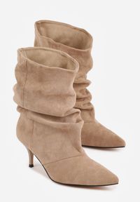 Renee - Ciemnobeżowe Botki na Szpilce Typu Slouchy Anitai. Kolor: beżowy. Materiał: jeans. Obcas: na szpilce #8