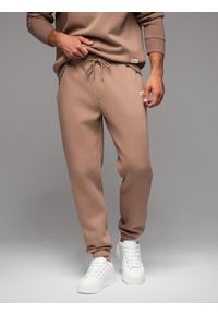Ombre Clothing - Klasyczne spodnie dresowe unisex ze ściągaczami – brązowe V16 OU-PSBC-0100 - XL/XXL. Kolor: brązowy. Materiał: dresówka. Wzór: aplikacja. Styl: klasyczny