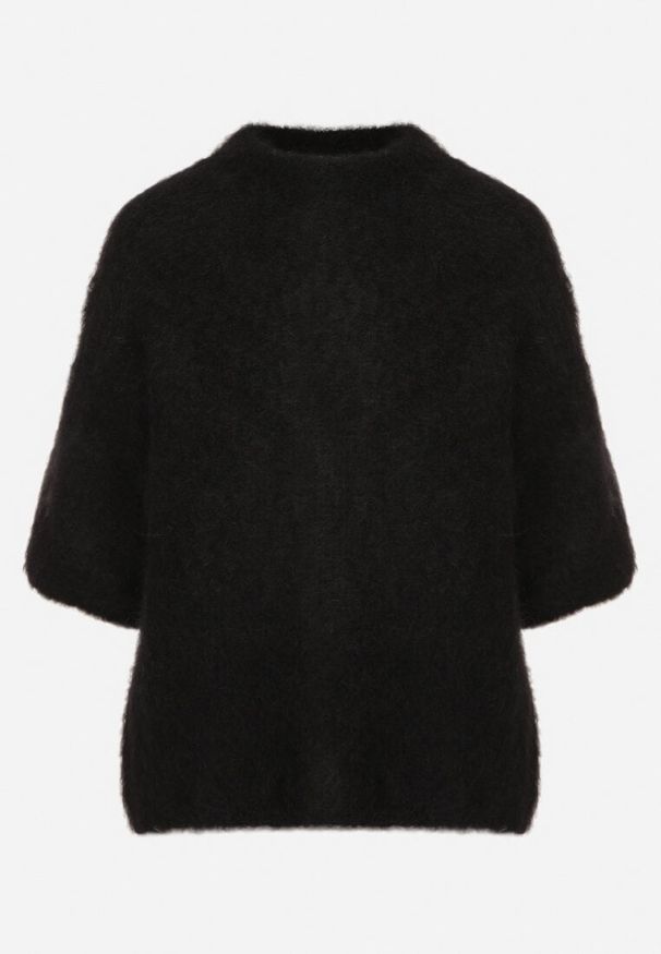 Born2be - Czarny Moherowy Sweter o Kroju Nietoperza z Rękawami 3/4 Eleanira. Okazja: na co dzień. Kolor: czarny. Materiał: moher. Wzór: aplikacja, ze splotem. Sezon: jesień, zima. Styl: klasyczny, elegancki, casual