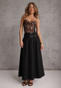 Renee - Czarna Rozkloszowana Spódnica w Stylu Preppy z Kieszeniami i Podwójnym Paskiem Doripla. Okazja: na co dzień. Kolekcja: plus size. Kolor: czarny. Materiał: tkanina. Wzór: gładki. Styl: casual #2
