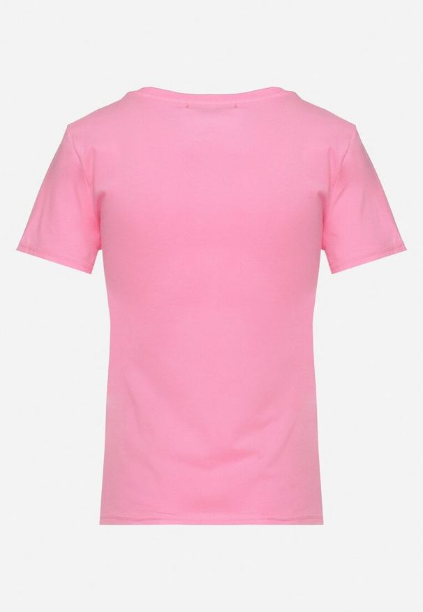 Born2be - Różowy Bawełniany T-shirt z Ozdobnym Napisem z Cyrkonii Tiavalia. Okazja: na co dzień. Kolor: różowy. Materiał: bawełna. Wzór: napisy. Styl: wizytowy, klasyczny, elegancki, casual