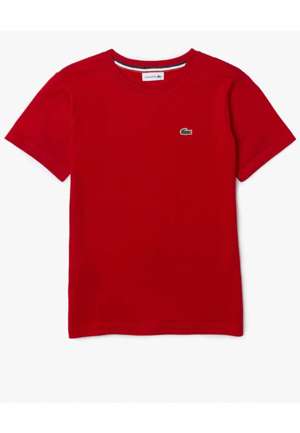Lacoste - LACOSTE - Czerwony t-shirt z haftowanym logo. Kolor: czerwony. Materiał: jersey, bawełna, prążkowany. Wzór: haft