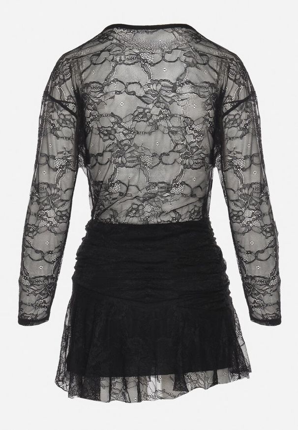 Born2be - Czarna Sukienka Koronkowa z Gumką w Talii Naplisa. Kolor: czarny. Materiał: koronka. Styl: elegancki