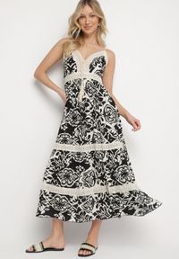 Born2be - Czarna Bawełniana Sukienka Rozkloszowana w Etniczny Wzór z Koronką Taliosha. Okazja: na co dzień. Typ kołnierza: dekolt w kształcie V. Kolor: czarny. Materiał: bawełna, koronka. Długość rękawa: na ramiączkach. Wzór: koronka. Styl: casual, elegancki #7