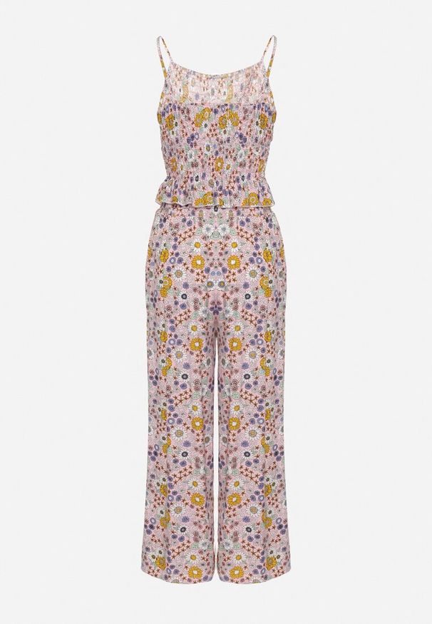 Born2be - Różowo-Fioletowy Bawełniany Komplet Top na Ramiączkach z Marszczeniami Spodnie z Gumką w Pasie Elaruth. Kolor: różowy. Materiał: bawełna. Wzór: kwiaty