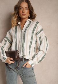 Renee - Beżowa Casualowa Koszula z Bawełny w Paski Sileata. Okazja: na co dzień. Kolor: beżowy. Materiał: bawełna. Wzór: paski. Styl: casual #3