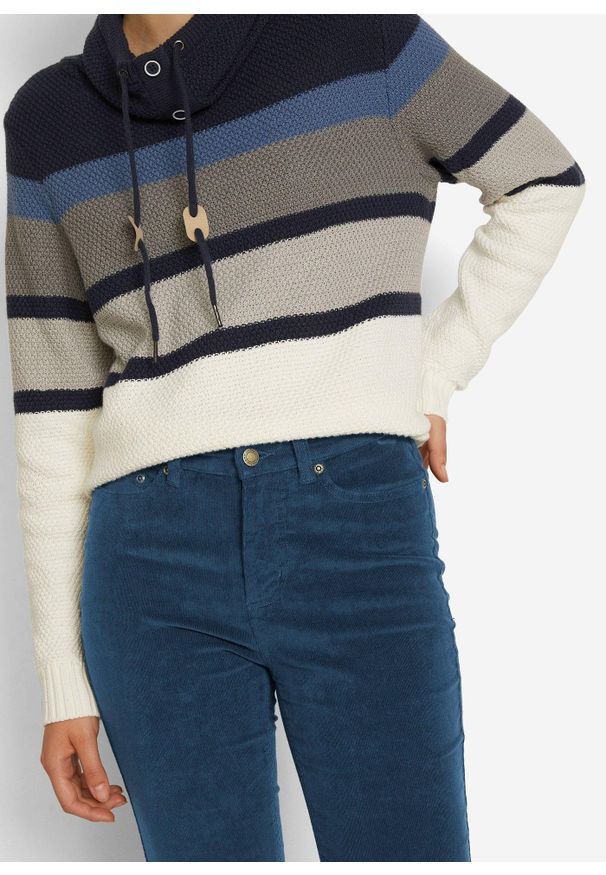 bonprix - Spodnie sztruksowe Skinny ze stretchem. Kolor: niebieski. Materiał: sztruks
