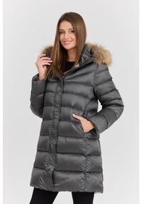 Hetrego - HETREGO Szara damska kurtka puchowa Leonie Quilted Woman Jacket With Detached Hood. Okazja: na co dzień. Kolor: szary. Materiał: puch. Długość rękawa: długi rękaw. Długość: długie. Styl: casual #2