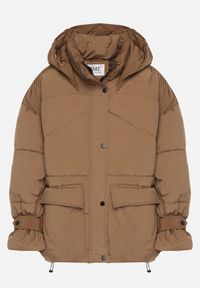 Born2be - Brązowa Pikowana Kurtka Oversize z Kapturem i Paskami przy Rękawach Unitessa. Okazja: na spacer, na co dzień. Typ kołnierza: kaptur. Kolor: brązowy. Materiał: jeans. Wzór: paski. Styl: casual #3