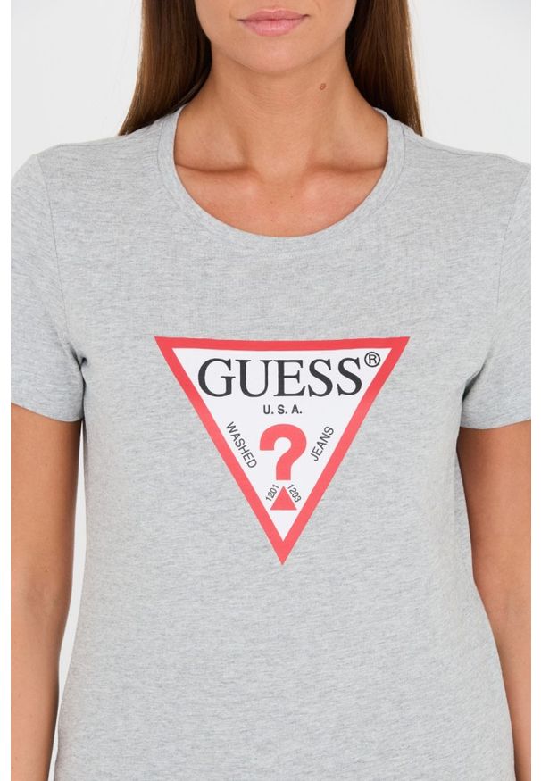 Guess - GUESS Szary damski t-shirt bawełniany Original Tee, Rozmiar XS. Kolor: szary. Materiał: bawełna