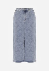 Renee - Niebieska Jeansowa Spódnica z Bawełny Zdobiona Printem w Romby i Rozcięciem Chrissna. Kolor: niebieski. Materiał: bawełna, jeans. Wzór: nadruk, aplikacja. Styl: elegancki #2