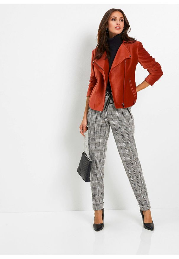 bonprix - Spodnie z gumką w talii w kratę glencheck. Kolor: szary. Styl: klasyczny