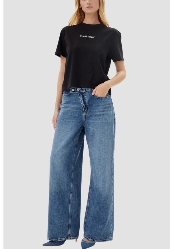 Guess - GUESS Niebieskie jeansy damskie z szeroką nogawką, Rozmiar XS. Okazja: na co dzień. Stan: podwyższony. Kolor: niebieski. Styl: casual, klasyczny