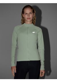 4f - 4F Longsleeve rowerowy rozpinany damski - turkusowy M. Typ kołnierza: kołnierzyk stójkowy. Kolor: turkusowy. Materiał: dzianina, włókno, materiał, syntetyk. Długość rękawa: długi rękaw. Długość: krótkie. Wzór: gładki, ze splotem. Sport: kolarstwo