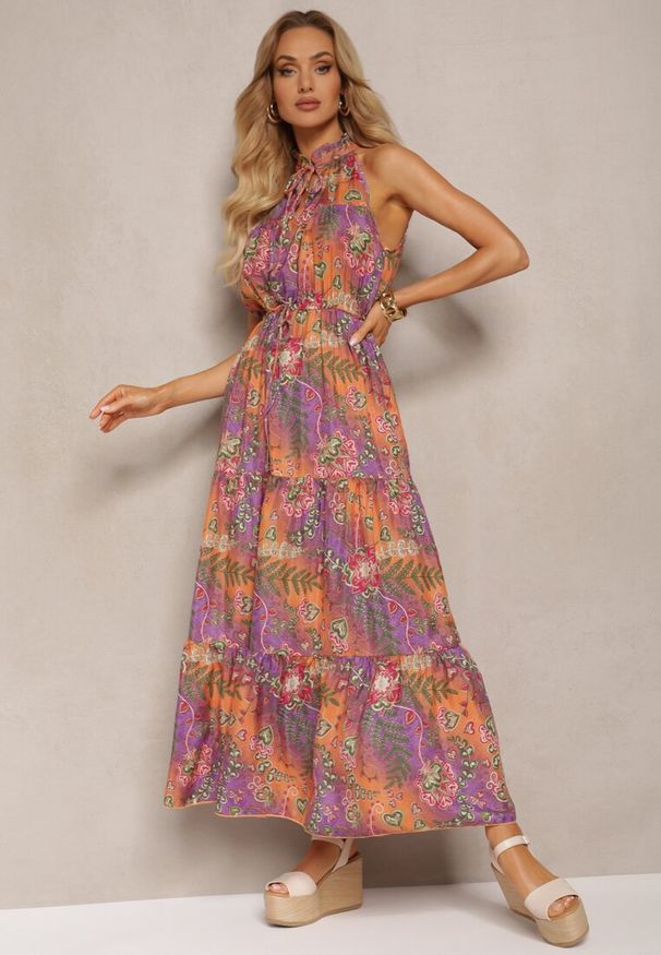 Renee - Pomarańczowo-Różowa Sukienka w Stylu Boho z Gumką w Talii i Ozdobnym Wiązaniem Piofara. Kolor: pomarańczowy. Materiał: tkanina. Sezon: lato. Styl: boho