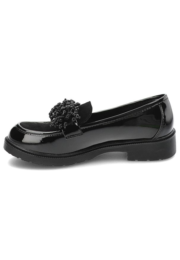 Czarne Półbuty S.Barski Eleganckie Mokasyny Damskie. Okazja: do pracy. Kolor: czarny. Materiał: guma, lakier, skóra. Wzór: aplikacja. Obcas: na obcasie. Styl: elegancki. Wysokość obcasa: niski