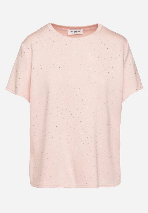 Born2be - Różowy T-shirt z Wiskozą Ozdobiony Cyrkoniami Hirritia. Okazja: na co dzień. Kolor: różowy. Materiał: wiskoza. Wzór: aplikacja. Styl: casual, klasyczny