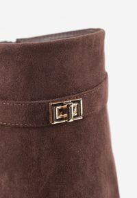 Renee - Brązowe Marszczone Kozaki na Słupkowym Obcasie z Wywiniętą Cholewką Runella. Okazja: na co dzień, na imprezę. Kolor: brązowy. Materiał: jeans, skóra. Szerokość cholewki: normalna. Obcas: na obcasie. Styl: elegancki, casual. Wysokość obcasa: średni #3