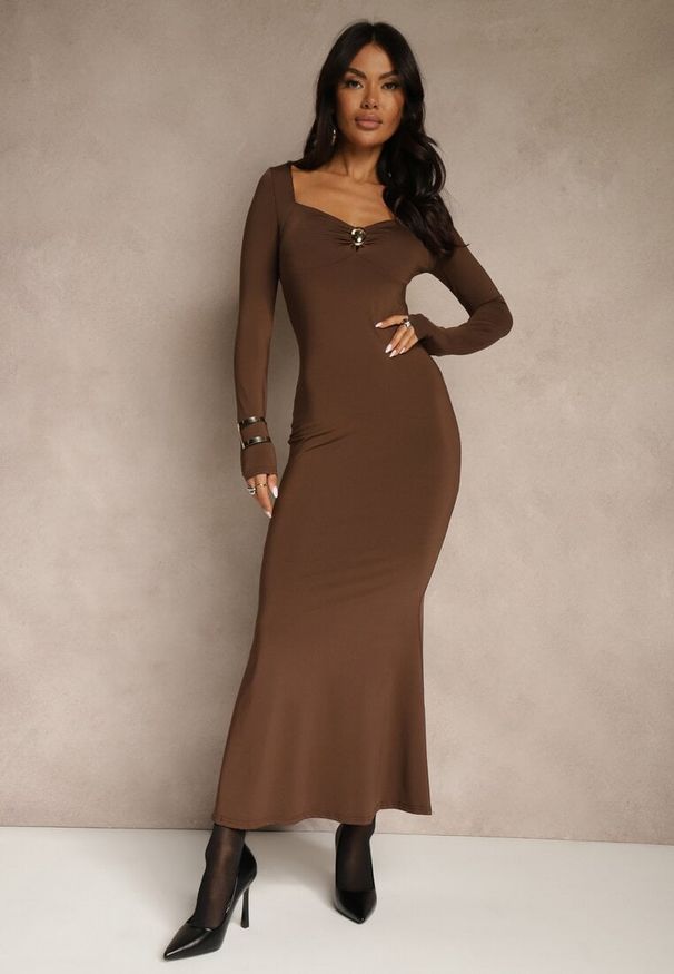 Renee - Brązowa Sukienka Koktajlowa z Wiskozą i Metaliczną Klamrą przy Dekolcie Refire. Okazja: na imprezę. Kolor: brązowy. Materiał: wiskoza. Styl: wizytowy. Długość: maxi