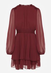 Renee - Bordowa Szyfonowa Sukienka Mgiełka o Rozkloszowanym Kroju z Bufiastymi Rękawami Aziva. Okazja: na co dzień. Kolor: czerwony. Materiał: szyfon. Typ sukienki: rozkloszowane, proste. Styl: casual #3