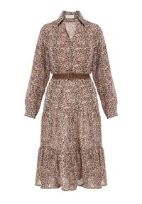 Born2be - Beżowo-Czarna Sukienka Ampissa. Typ kołnierza: kołnierz z falbankami. Kolor: beżowy. Wzór: nadruk, aplikacja, kwiaty. Styl: klasyczny. Długość: midi #3